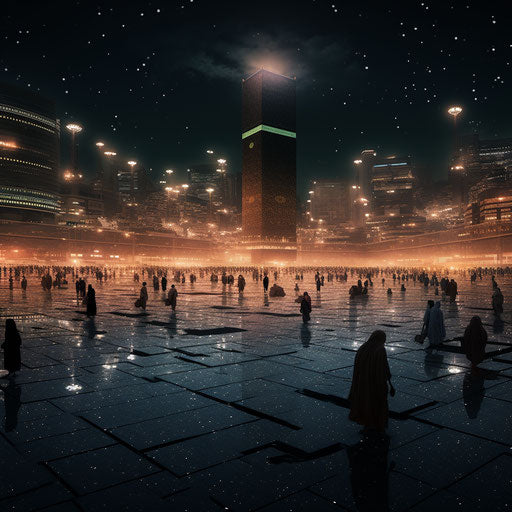 3D image of a large square in Mecca, Tokina-style, light gold and dark black, tranquil serenity, dark green and orange, religious, anime aesthetic, dark white and dark pink