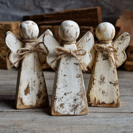 Three Rustic Wooden Angels Displayed Together
