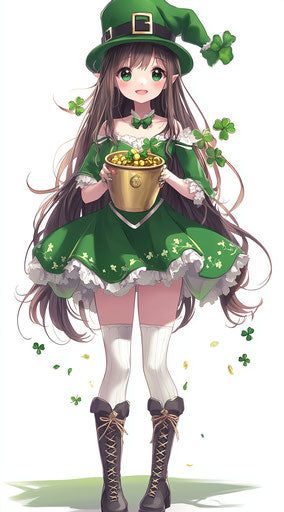 Girl in green with shamrocks next to leprechaun