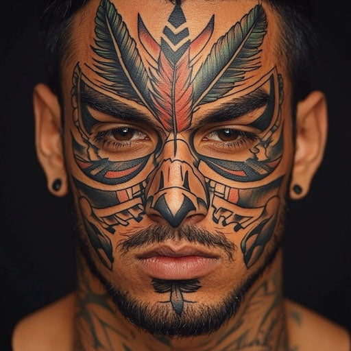 Facial tattoos for men with a bold eagle feather