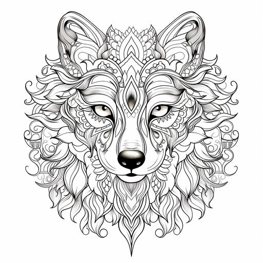 Wolf coloring design, ornamental motifs, masks and totems