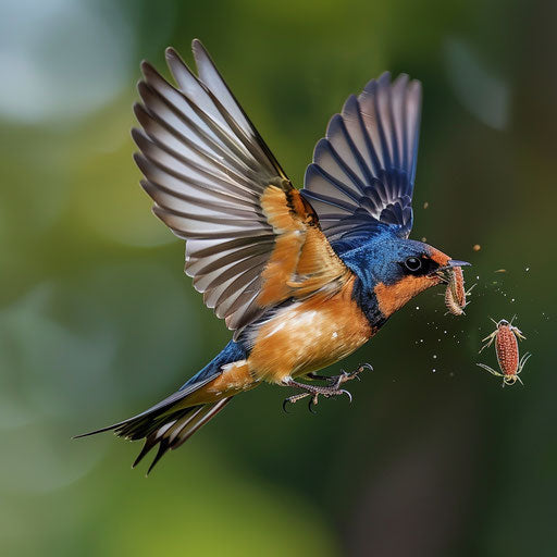 Barn swallow catches insects in flight