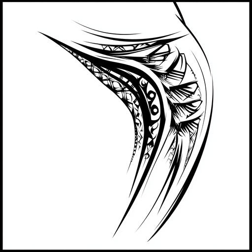 Stylized male thigh tattoo with bold tribal design