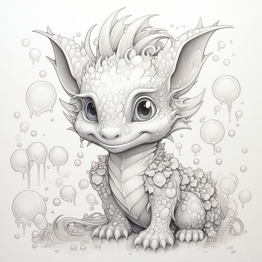 Baby dragon coloring pages on white, Natalia Rak style, highly textured