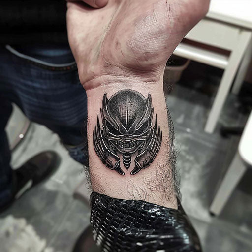 Small wrist tattoos of an alien, in the style of Humberto Ramos