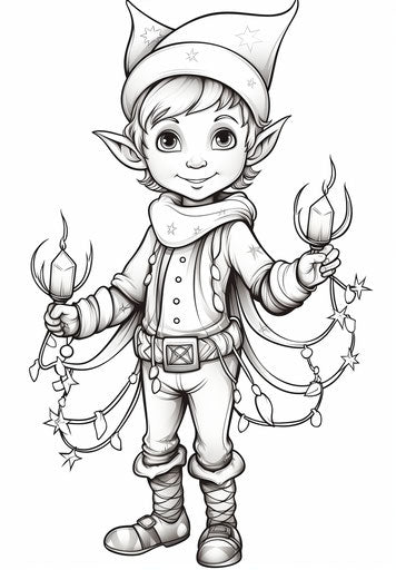 Christmas elf coloring page with Christmas lights from Christmas on the shelf coloring, in light purple and light black