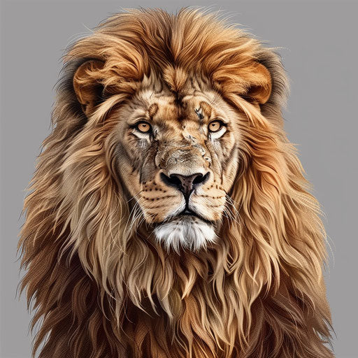 Stark realism and refined elegance of realistic cartoon lion in png on flat, slate grey background