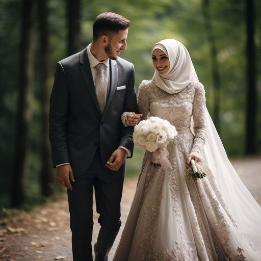 Muslim wedding dress in the style of letterboxing, romantic atmosphere