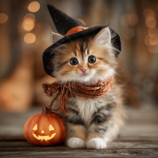 Kitten in a witch's hat with a smiling pumpkin