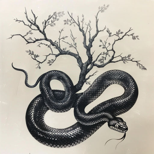 Exotic flat tattoo sketch of an obsidian snake coiling around a branch