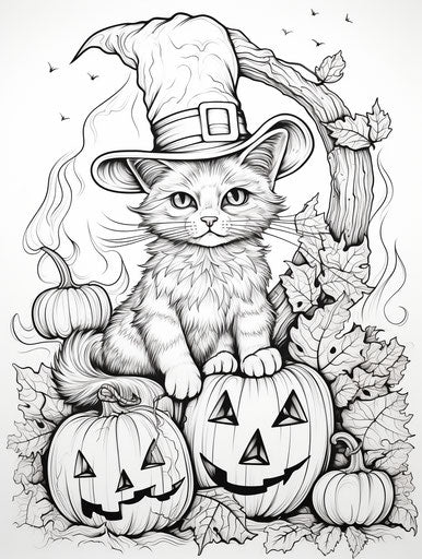 Cat on pumpkins, witch hat, moonlit sky coloring book, rtx style, haunting figuratism