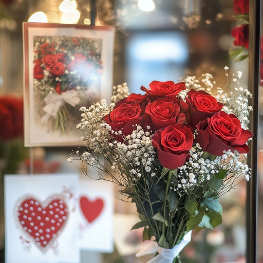 Bouquet of red roses with baby's breath and white ribbon