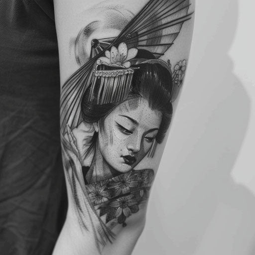 Geisha tattoo in shades of grey on white