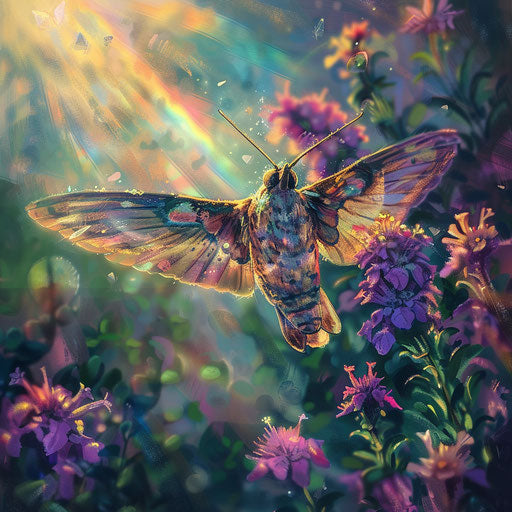 Humming bird moth under a rainbow in the garden