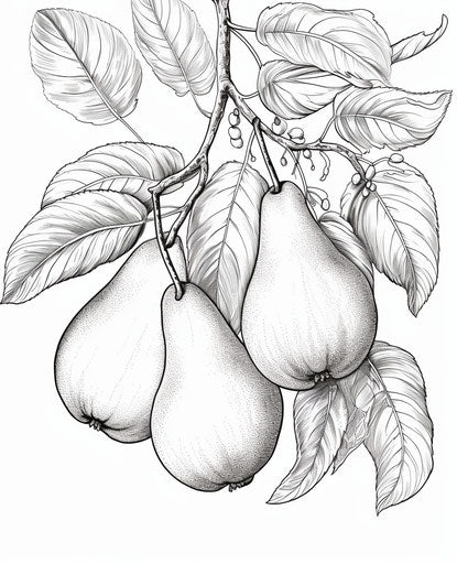 Pears hanging from a tree coloring, smooth curved lines