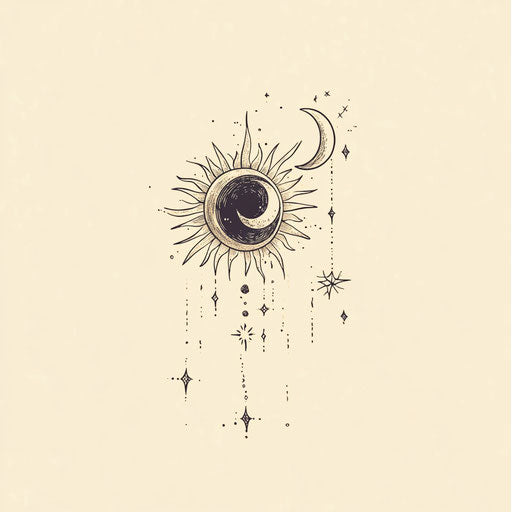 Beautiful clipart style flat tattoo sketch for cute little tattoos, depicting a small sun and moon design in delicate linework