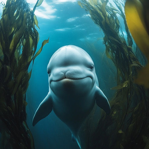 Smiling beluga and rich kelp forest under Arctic sea