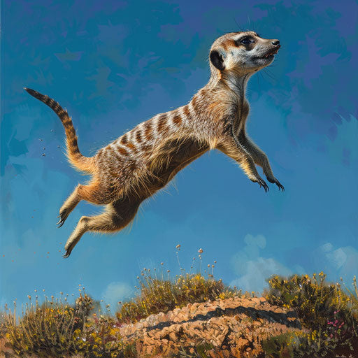 Meerkat in dynamic leap, clear blue sky background