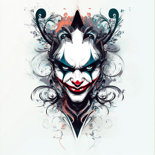 Joker card tattoo sketch with stylized face and abstract background