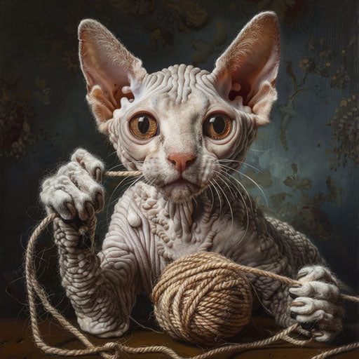 Cornish rex cat playing with yarn