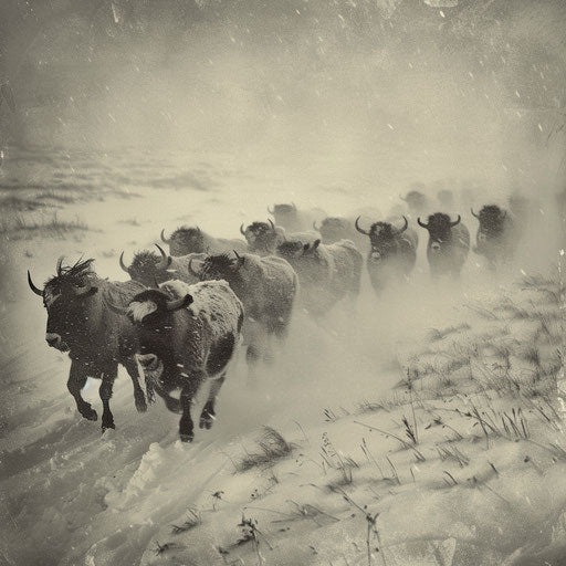 Yak herd moving through a snowstorm