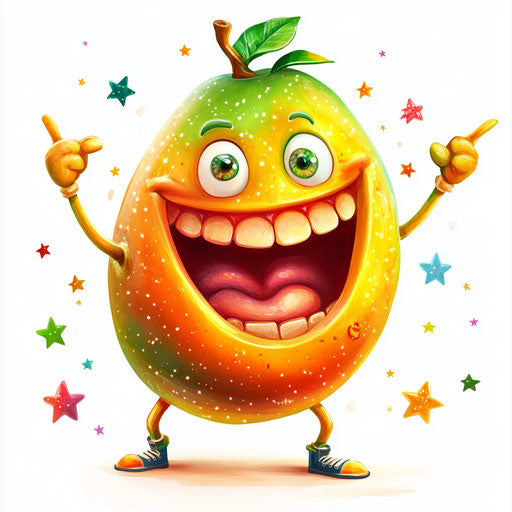 Humorous caricature of a mango with human characteristics, wide mouth, thin arms, surrounded by stars, vibrant colors, cartoon style, pointing, high-resolution, no background, isolated