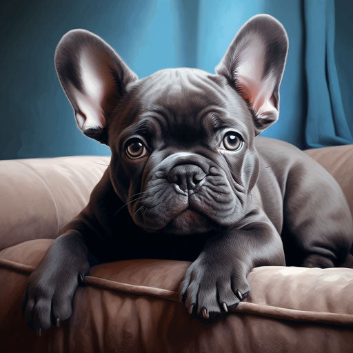 Small gray French bulldog lounging on the couch