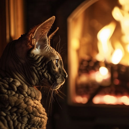 Cornish Rex cat in front of a fireplace fire
