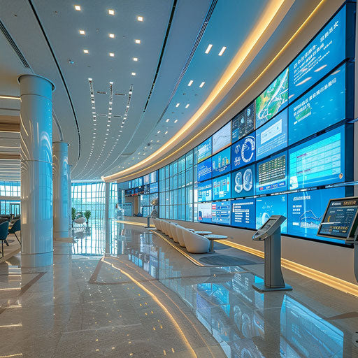 Modern bank interior with digital info screens
