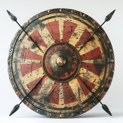 Ancient Spartan shield and crossed spears with patterns