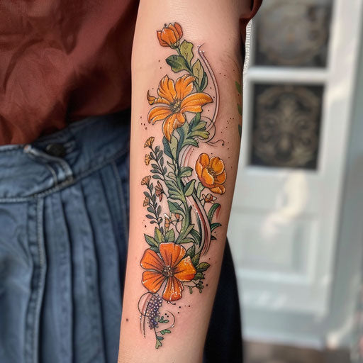 Friendship tattoos in the style of Maria Sibylla Merian with intertwining botanical elements