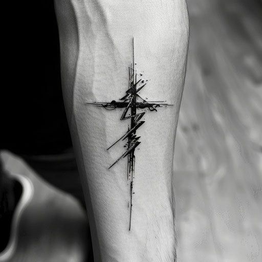Strength cross tattoo with striking thunderbolt on white