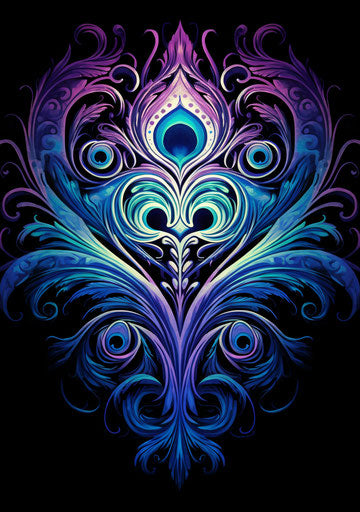 Peacock feather on blue and purple background, gothic style with humor