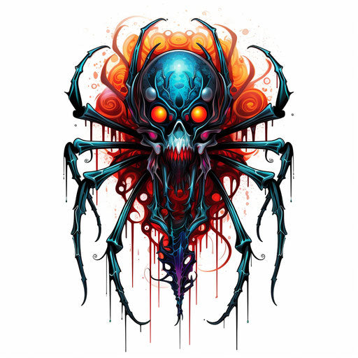 Spider tattoo sticker design, deathcore style, colorful cartoon
