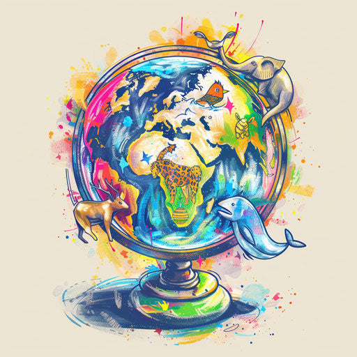 Playful flat tattoo sketch of a globe with animal icons representing continents, colorful and vibrant, clipart style