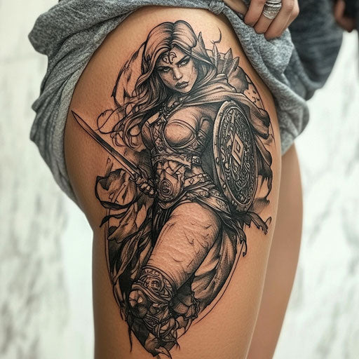 Thigh tattoos for females in the style of Glenn Fabry with a Celtic warrior in battle