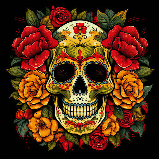 Sugar skull with red and yellow roses ready for printing