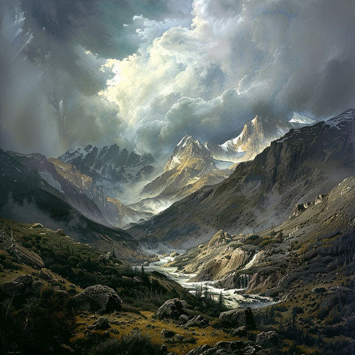 The Wasatch Mountains with a turbulent sky, in the style of Andreas Achenbach