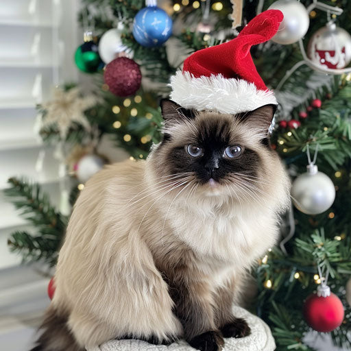 Himalayan cat with a Christmas hat next to a decorated tree