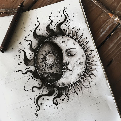 Harmonious sketch of a sun and moon in yin-yang style