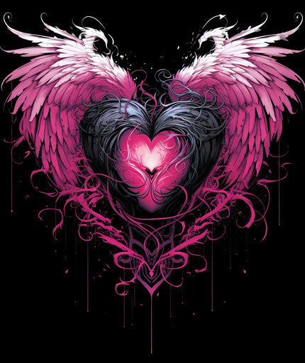 Winged heart flying, dracopunk style, light black and pink