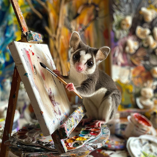 A small glider learning to paint, surrounded by art