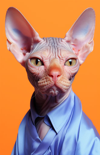 Male cat on orange background, light beige and dark azure style, playful yet morose, smooth and polished