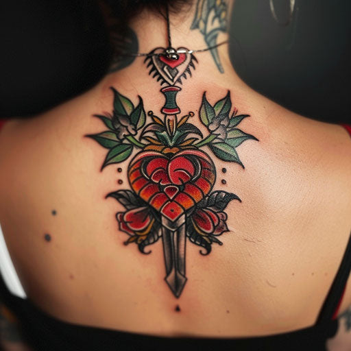 Neck tattoos for women in the style of Ed Hardy with a classic heart and dagger