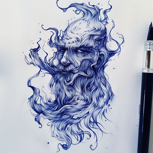 Surreal tattoo sketch of Neptune with flowing, water-like textures in deep blue