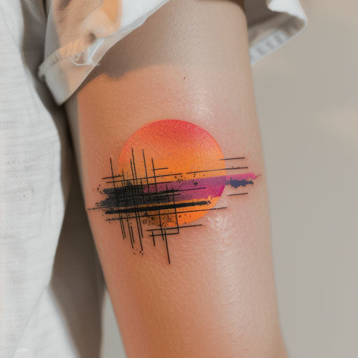 Sunset tattoo with digital glitch aesthetic