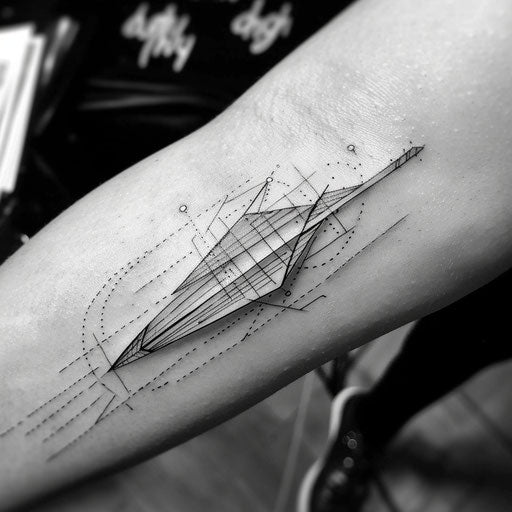 Minimalist sketch of a black and white paper airplane with geometric patterns