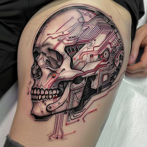 Futuristic cyberpunk skull tattoo with circuit patterns and neon highlights on white canvas