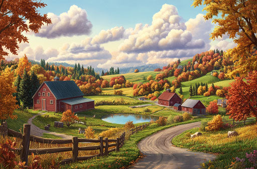 Beautiful fall landscape with colorful trees and farm buildings
