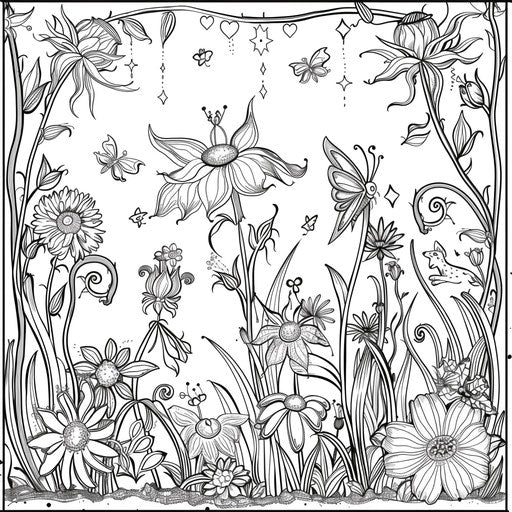 Whimsical garden with magical fairies and intricate flowers